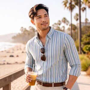 J.Crew Secret Wash Slim Stretch Organic Cotton Blue Green Stripe Button Down Shi